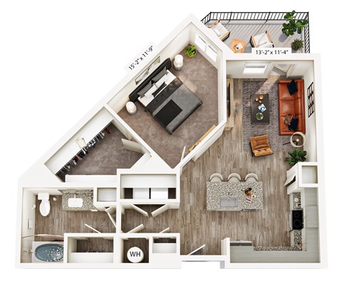 A top-down view of a house layout with a living room, kitchen, and bathroom.